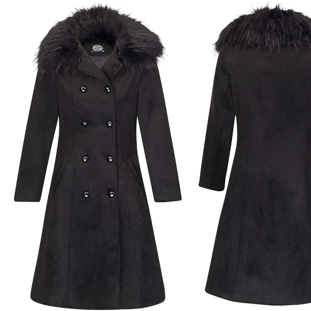 Vintage Look Longline Faux Fur Collar Black Coat